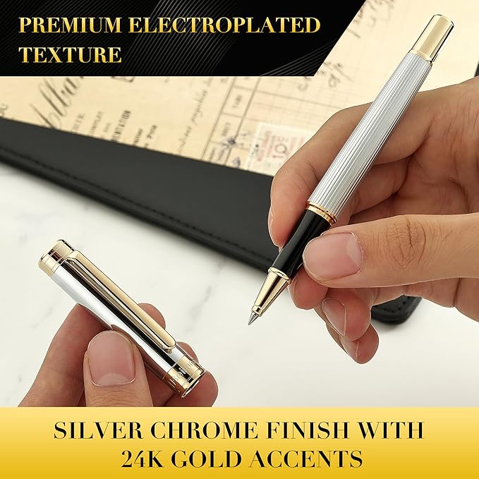 BEILUNER Lighthouse series Rollerball pen, Silver Chrome pen body, exquisite vertical lines, Schneider 850 refill, suitable for men, office, professionals, exquisite and chic designer pen