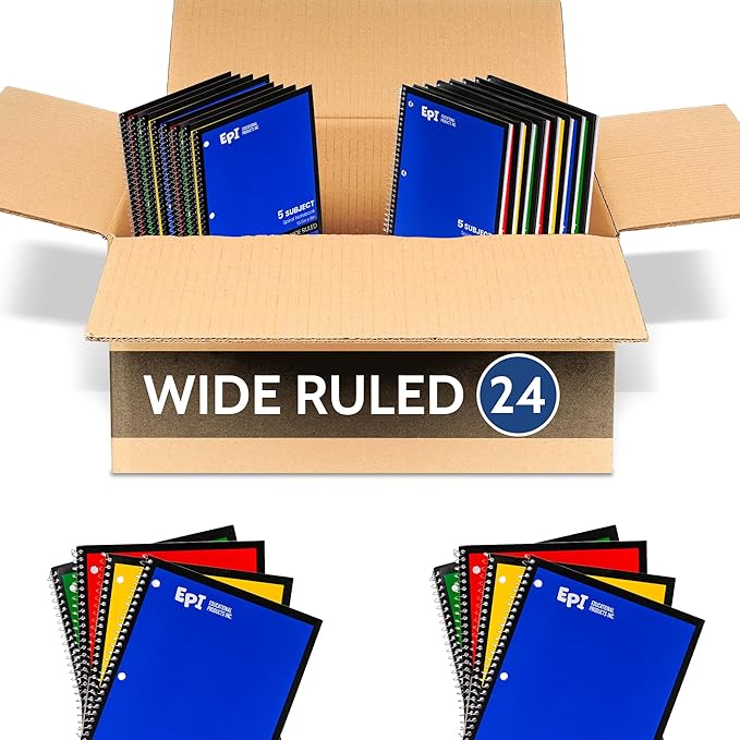 EPI Spiral Notebook | 5 Subject - Wide Ruled - 180 Sheets, Durable Spiral Binding | 10.5 x 8 in | Classroom Supplies | School, Office, Note Taking, Journaling - 24 Pack