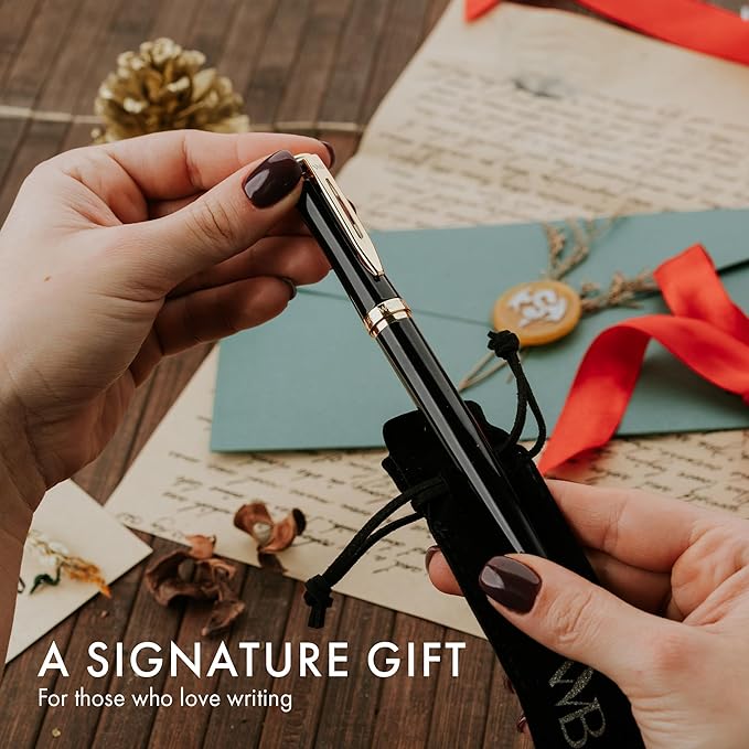 Wordsworth & Black Fountain Pen Set, 18K Gilded Medium Nib, Includes 24 Pack Ink Cartridges, Ink Refill Converter & Gift Pouch, Gold Finish, Calligraphy, [Black Gold], Perfect for Men & Women