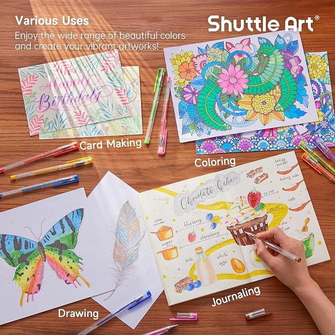 Shuttle Art 240 Pack Glitter Gel Pens, 120 Colors Glitter Gel Pen Set with 120 Refills for Adult Coloring Books Craft Doodling