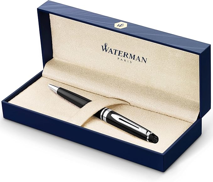 Waterman Expert Ballpoint Pen, Gloss Black with Chrome Trim, Medium Tip, Blue Ink, Luxury Pen in Gift Box, Great Gift for Coworker