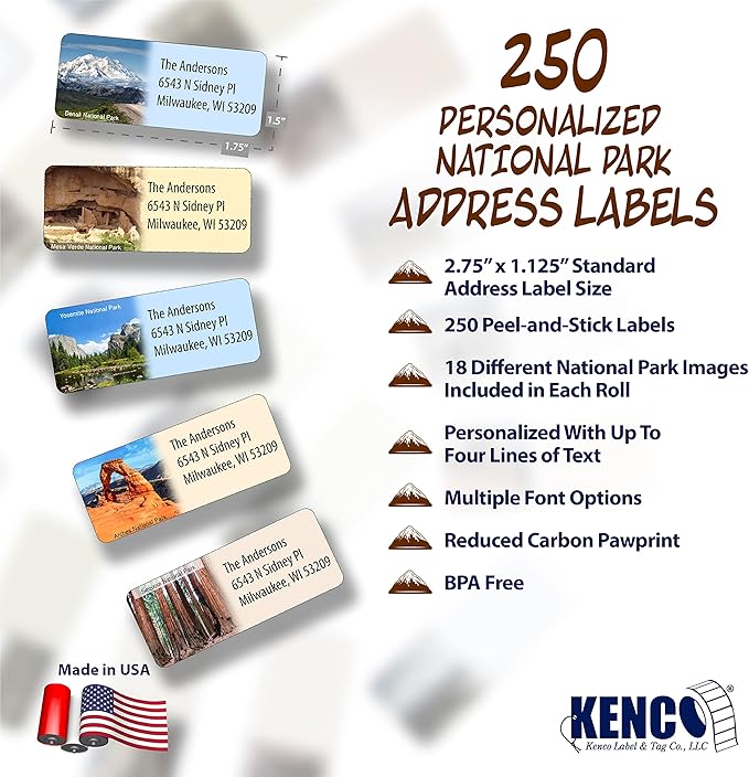 Customized Personalized Address Labels - Made in The USA by Kenco (250 Labels, National Parks)