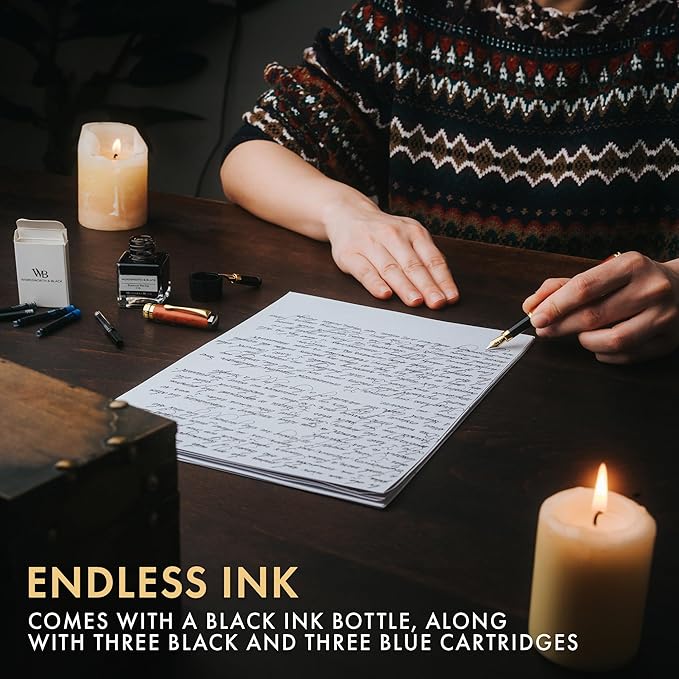 Wordsworth & Black Fountain Pen Set, Luxury Bamboo Wood - Medium Nib, Extra Fine Nib, Gift Case; 25ML Black Ink Bottle, 6 Ink Cartridges, Refill Converter - Calligraphy, Writing [Brown Wood]