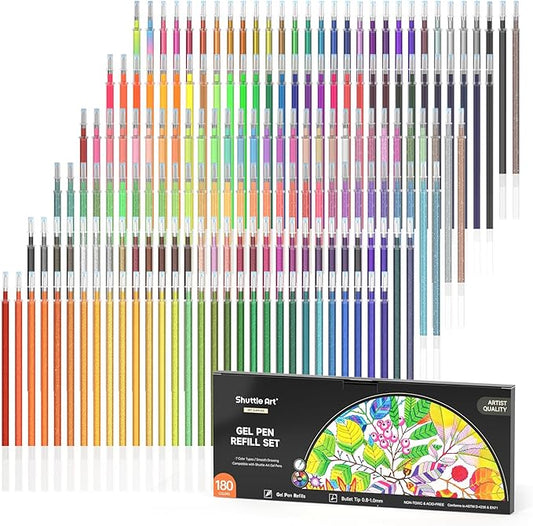 Gel Pen Refills, Shuttle Art 180 Colors (No Duplicates) Gel Pen Refills, 7 Color Types for Kids Adults Coloring Books Drawing Doodling Crafts Scrapbooking Journaling