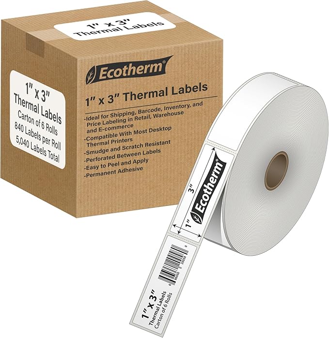 1" x 3" Thermal Labels | 6 Rolls | 5040 Labels | fits Zebra, Godex, Arkscan, iDPRT, Offnova Thermal Label Printers and More | Blank White Adhesive Stickers by Ecotherm