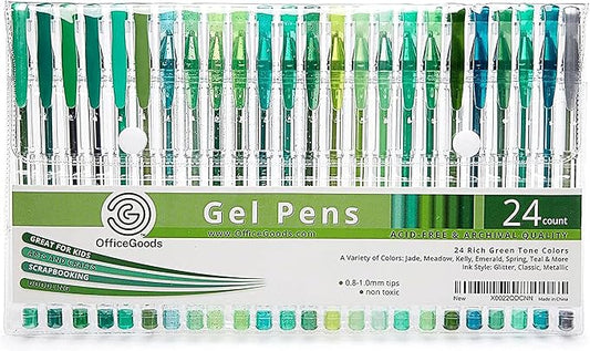 OfficeGoods Green Gel Pens with Refills – Adult Coloring Journaling Art – Medium 0.8-1.0mm Tips – Non-Toxic Gel Pens Set – Quick Dry Smudge-Free 24 Pack Colors