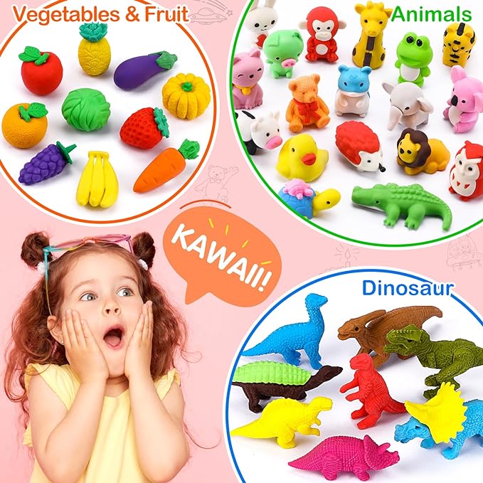 Arscniek 40 Pack 3D Puzzle Animal & Food Erasers for Kids, Take Apart Mini Pencil Erasers, Bulk Party Favors, Classroom Prizes, Treasure Box & Stocking Stuffers