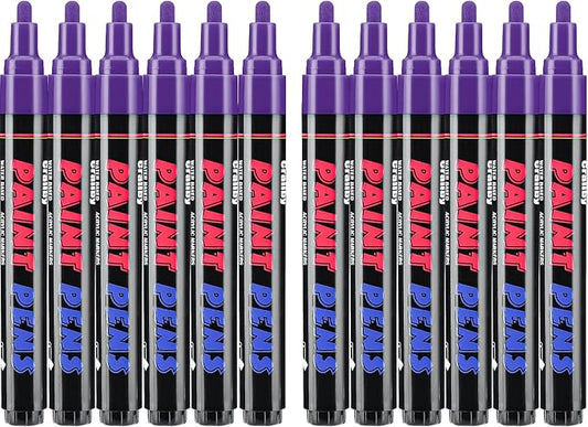 Purple Paint Pens Paint Markers - 12 Pack Permanent Quick Dry Waterproof Marker Pens for Rocks Wood Fabric Plastic Canvas Glass Mugs Metal Tire Stone