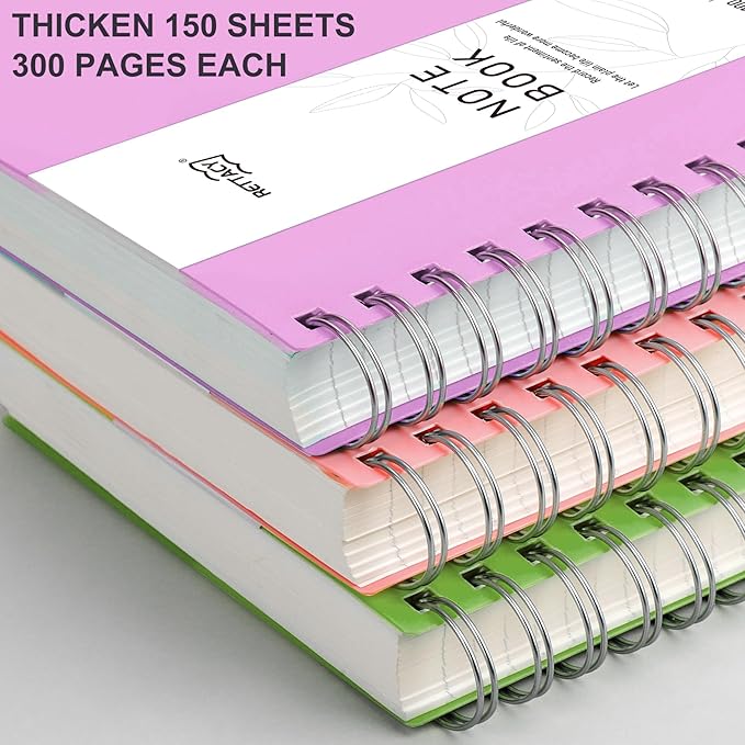 RETTACY Spiral College Ruled Notebook, 300 Pages, A5 Medium Size (5.7" x 8.2"), for School, Work, Writing, Journaling, 100 GSM Thick Paper, Flexible Plastic Cover (Lilac)