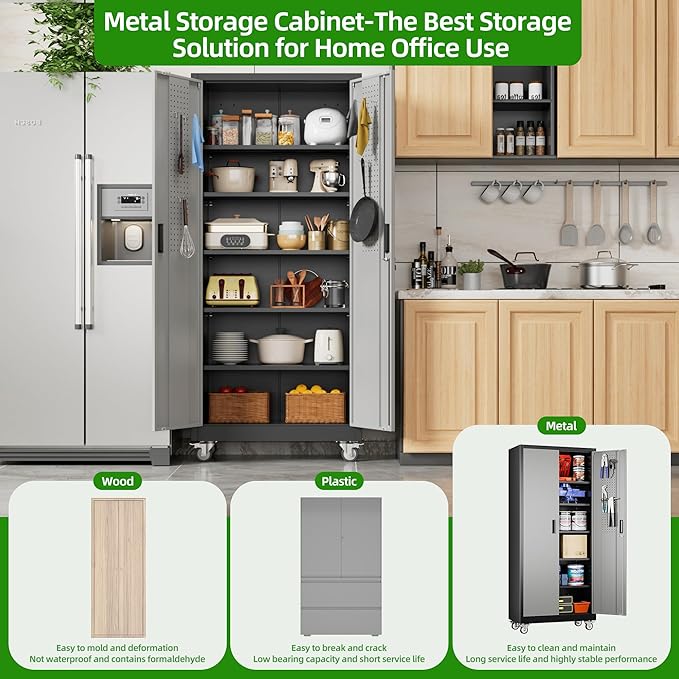 Aobabo Upgraded Garage Storage Cabinets with Wheels,Metal Storage Cabinets with 5 Adjustable Shelves for Garage Home Office Storage, Black&Dark Grey,71''H*32''W*16''D,Assembly Required