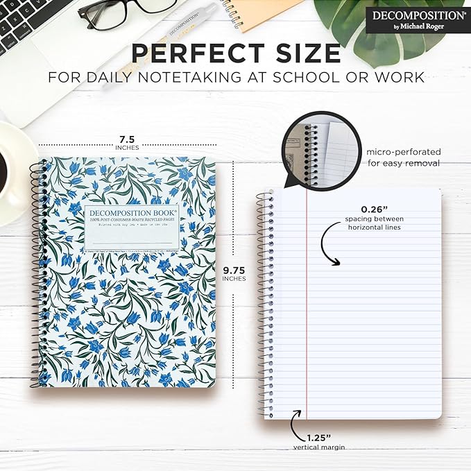 Decomposition Bluebells College Ruled Spiral Notebooks – 9.75 x 7.5 Journal with 160 Lined Pages – Notebooks for School Supplies, Home & Office – 100% Recycled Paper – Made in USA