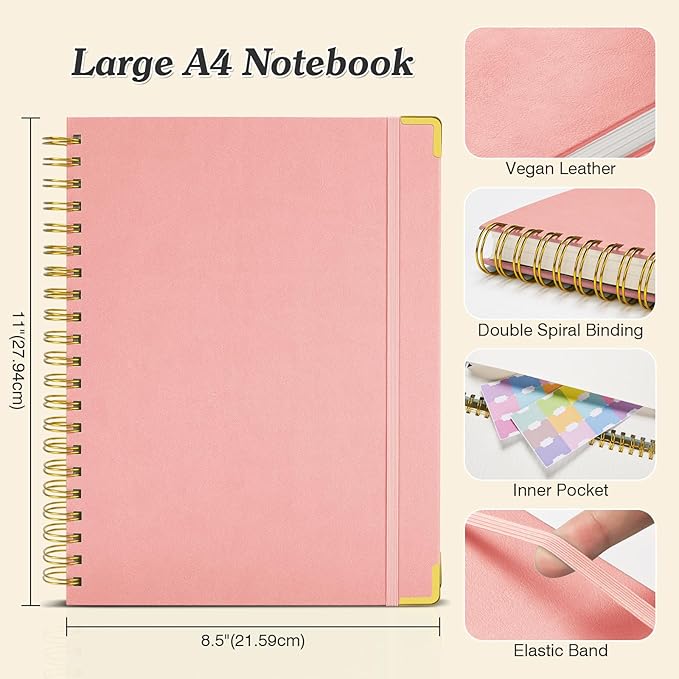Spiral Notebook 8.5" x 11", 300 Numbered Pages Notebooks College Ruled with Contens, 100GSM Thick Journal for Women Men, Hardcover Leather Lined Journal for Writing, Large A4 Notebooks for Work School