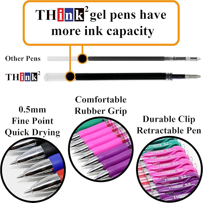 THINK2MASTER [24 Pens - 4Black, 4Blue, 4 Red, 4 Green, 4 Pink, 4Purple Ink] Think2 Retractable Gel Pens. Assorted Colors Fine Point (0.5mm) Rollerball Pens with Comfort Grip.
