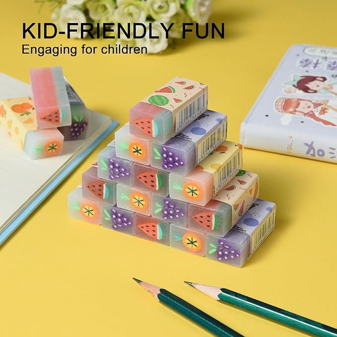 18Pcs Cute Fruit Erasers for Kids Bulk, Kawaii Fun Pencil Jelly Erasers for School Classroom Supplies Prize Gifts Party Favors