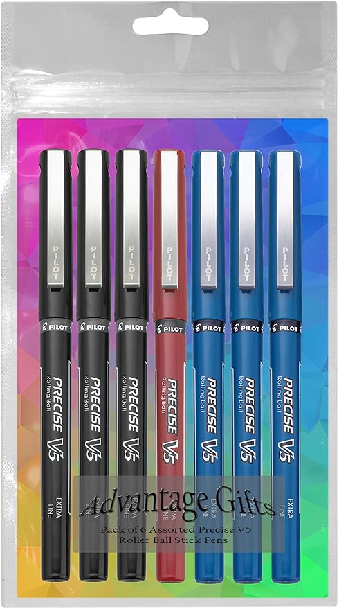 Precise V5 Stick Rolling Ball Pens, Extra Fine Point (.5mm), Assorted Colors Black/Blue/Red Ink, 7-pk; Bundle with Plastic Reusable Pouch