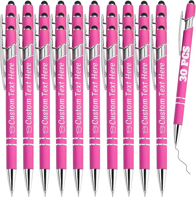 Personalized Pens Bulk 30 with Name Custom Engraving Ballpoint Pens with Stylus Tip Customized Smooth Writing Pens Personalized Gifts for Anniversary Birthday or Graduation(Pink,Black Ink)