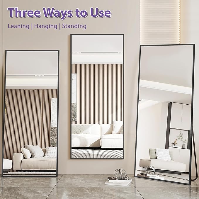 Full Length Mirror, 71"x32" Oversized Floor Mirror Freestanding, Full Body Mirror Floor Standing Mirrors with Stand, Hanging Mounted Mirrors for Bedroom Living Room, Black, Rect Style