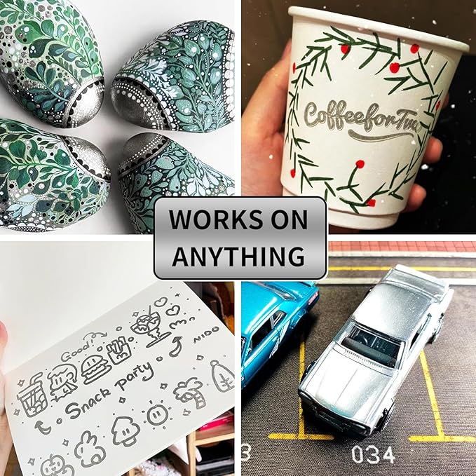 Silver Paint Pens Paint Markers - 6 Pack Permanent Markers Oil Based for Metal Wood, Pens for Metal, Car Tyre,Wood, Plastic, Rock Painting, Glass, Craft Supplies,Waterproof