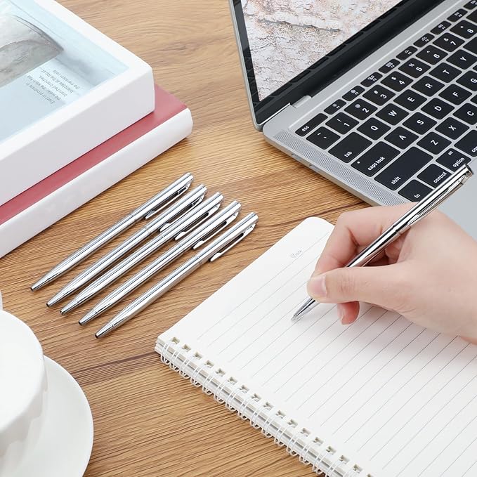 Lincia 100 Pieces Silver Slim Metal Ballpoint Pen 1 mm Medium Black Ink Smooth Writing Silver Retractable Point Metal Pen for Office Business Students Teachers Wedding Guest(Stylish)