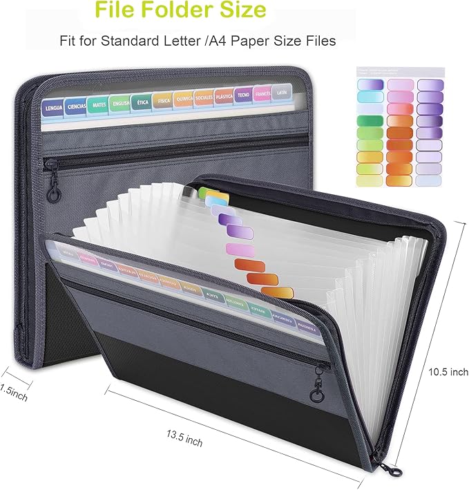 MEGREZ Expanding File Folder with 13 Pockets, 2 Pack A4 Paper File Folder with Zipper Color Labels, Waterproof Accordion File Folder Organizer for Home Office, Blue & Black