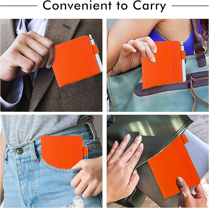 feela 6 Pack Pocket Mini Notebooks Bulk, Small Cute Memo Notepads Hardcover College Ruled Lined Journals with Pen Holder for School Business Work, with 6 Black Pens, 3.5”x 5.5”, A6, Orange