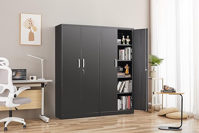 Metal Storage Cabinet with Adjustable Shelves, Garage Cabinet with 2 Lockable Doors, Garage Storage Cabinet, Kitchen Pantry Cabinet - 71'H, Black