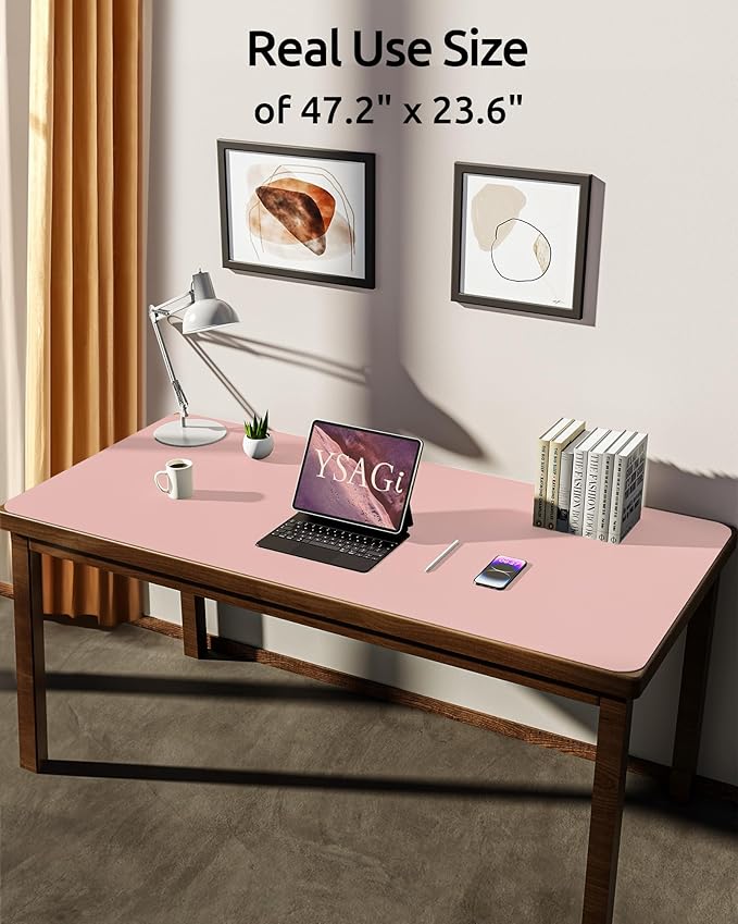 YSAGi Leather Desk Protector, Office Mat, Large Mouse Mat, Non-Slip PU Leather Blotter, Laptop Pad, Waterproof Writing Pad for Office and Home (Light Pink, 47.2" x 23.6")