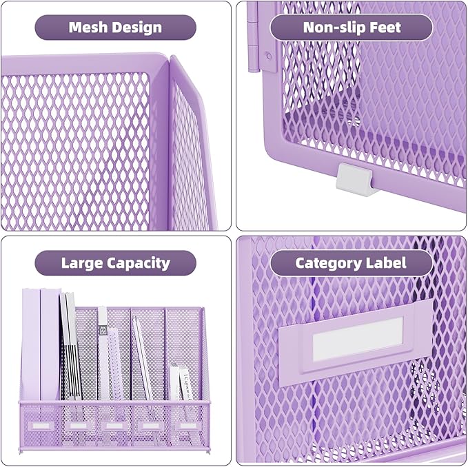 Marbrasse Desk File Organizer with 5 Vertical Compartments Mesh Magazine File Holder for Office, Home, School