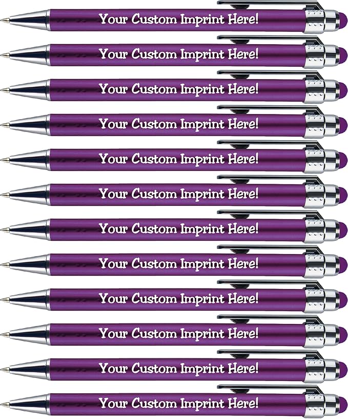 Personalized Pens with Stylus Tip -Bright Vibes- Click action - Custom - Black writing - Printed Name pens - Imprinted with Your Logo or Message - FREE PERSONALIZATION - 12 Pens/Box (Purple)
