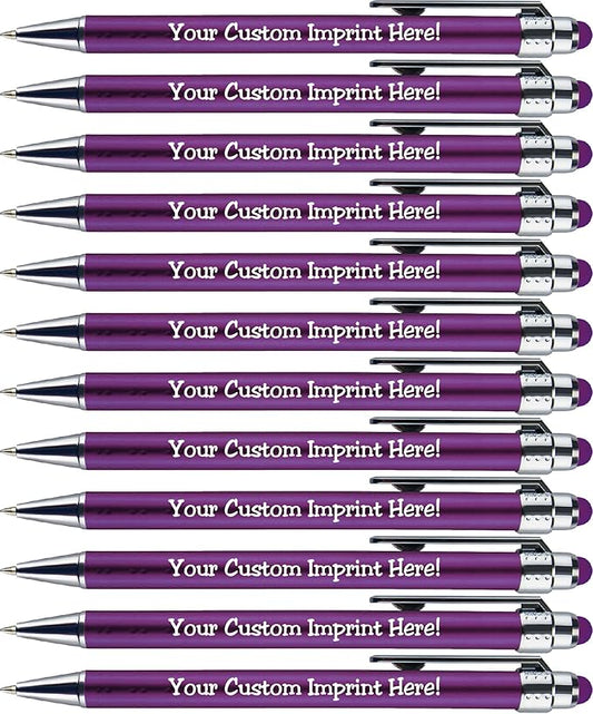 Personalized Pens with Stylus Tip -Bright Vibes- Click action - Custom - Black writing - Printed Name pens - Imprinted with Your Logo or Message - FREE PERSONALIZATION - 12 Pens/Box (Purple)