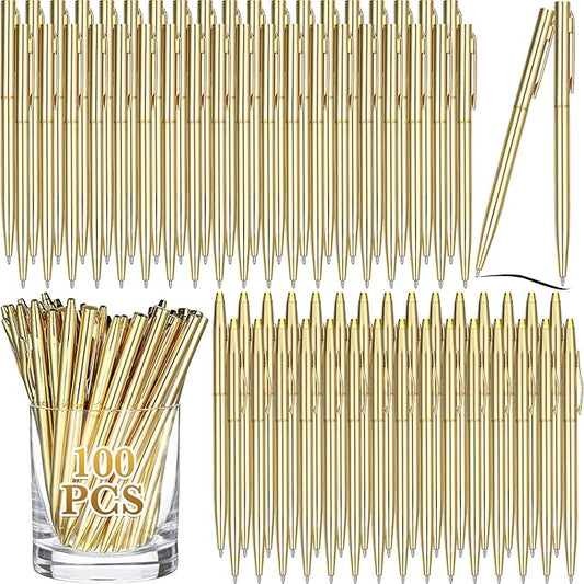 Fuutreo 100 Pack Wedding Gold Pens Bulk Gold Metal Pens Slim Ballpoint Retractable Ballpoint with Black Ink Mini Conical for Wedding Favors Guests, Office Business Teachers,1.0 mm