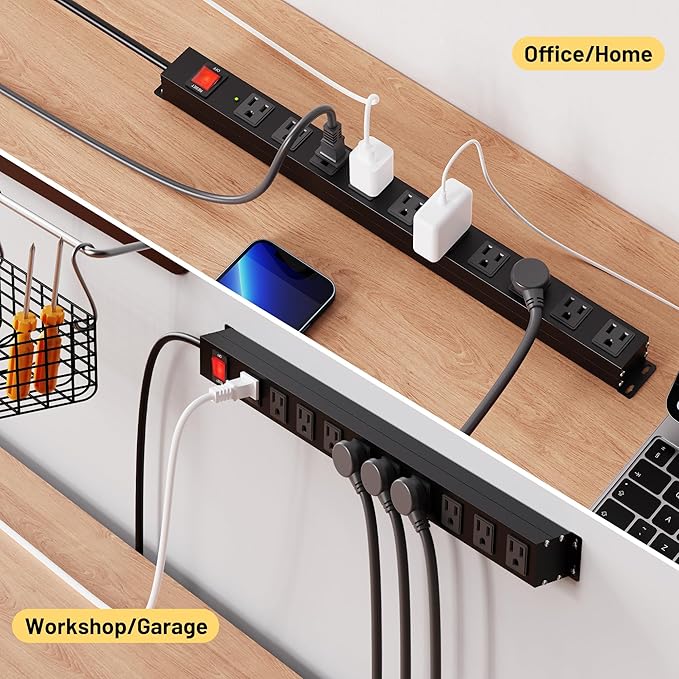 KF 10 Outlet Long Power Strip, Heavy Duty Surge Protector with 2100J, 15A/1875W Wall Mount Power Strip with Upgraded Switch, 6FT Extension Cord, Black