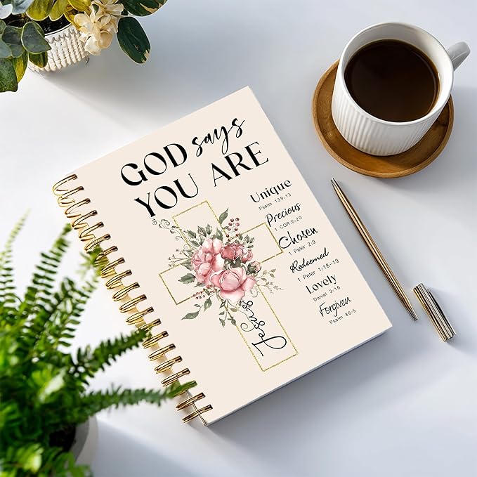 Bible Notebook, A5 Spiral Christian Journal with Floral Pink Butterfly Notebook, Bible Verse-God Says You Are, Inspirational Notebooks for Women, Bible Study, Gift for Birthday Christmas