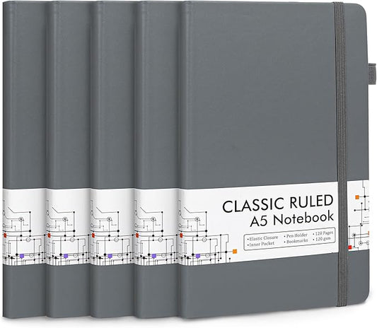 feela 5 Pack Journal Notebook Bulk for School, Hardcover Business Notebooks Classic Ruled Lined Journals with Pen Holder for Work Note Taking, with 5 Black Pens, 120 GSM, 5.1”x8.3”, A5, Gray