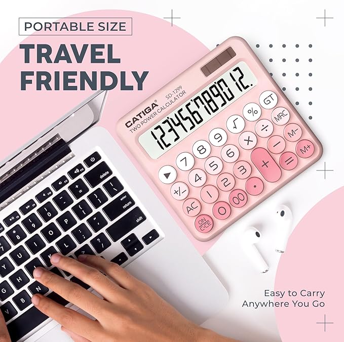 CATIGA Mechanical Switch Calculator with Solar and Battery Dual Power, 12-Digit Large LCD Display, Aesthetic and Cute Desktop Calculator with Big Button, for Home, School and Office Use, SD-1299