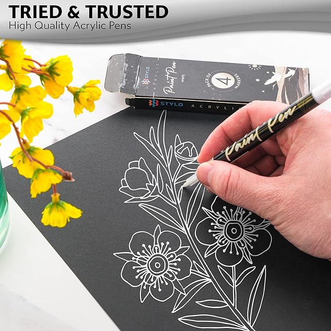 Stylo 8 Count Acrylic Metallic Pens - White Paint Pens - Fine Tip Permanent Acrylic Metallic Paint Markers for Rock Painting, Glass, Wood, Ideal for Arts and Crafts (Pack of 8, White)