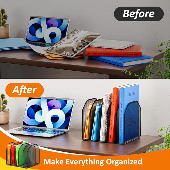 Desk File Organizer, Adjustable 5 Sections Upright Desktop Organizer File Sorter, Sturdy Metal Mesh Vertical Bookshelf File Holder Workspace Accessories for Home,School,Office Classroom,Black