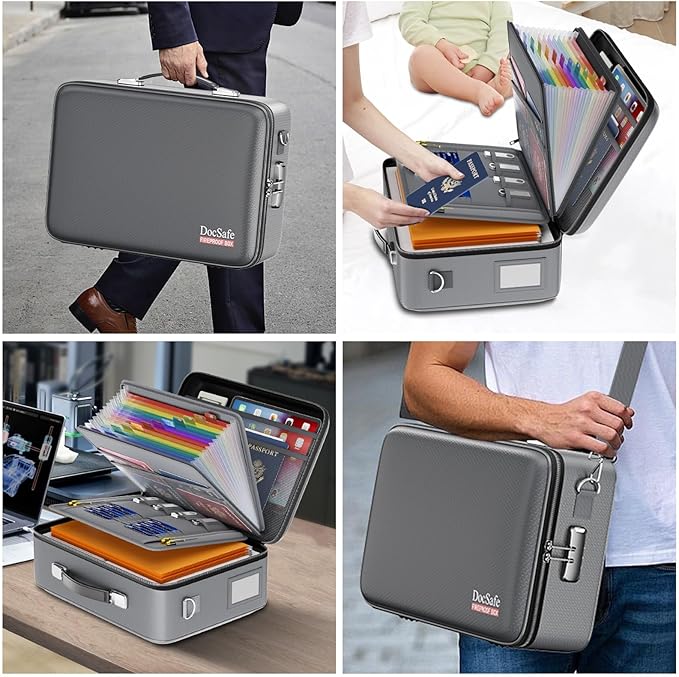 DocSafe Fireproof Document Box with Lock, Hard Case File Organizer with Accordion File Folder, Fireproof Water Resistant Safe Box Home Office Travel Storage for Important Documents Laptop Gray