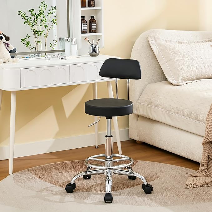 Rolling Stool with Back,Adjustable Height Foot Rest Rolling Salon Chair 19.5’’-26.6’’,Black Ergonomic Stool (Black)