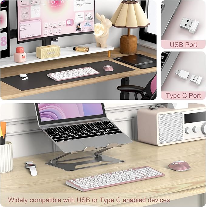 FENIFOX Wireless Keyboard and Mouse, Ergonomic Rechargeable Silent Quiet Slim Compact Full-Size USB C with Number Pad Flat Soft Cover for PC Computer Laptop Mac MacBook iMac Windows - Pink Rose Gold