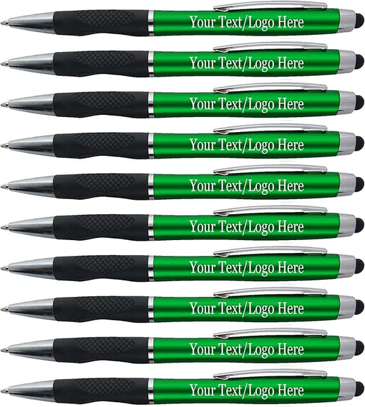 Personalized Stylus Pens With your Custom Logo or Text -300 Pack Bulk-for Businesses, Parties, and Events, 2 in 1 Ballpoint Pen + Capacitive Stylus for Touchscreen Devices, Green Barrel, Blue Ink