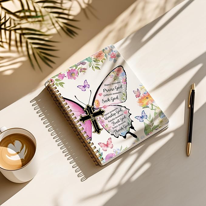 Bible Notebook, A5 Spiral Christian Journal with Floral Pink Butterfly Notebook, Bible Verse-God Says You Are, Inspirational Notebooks for Women, Bible Study, Gift for Birthday Christmas