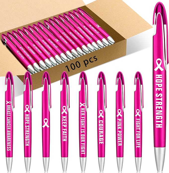 Lincia 100 Pcs Breast Cancer Awareness Ballpoint Pens Bulk Retractable Medium Point Pens with Black Ink Inspiration Thank You Gifts for Teacher, Back to School, Christmas