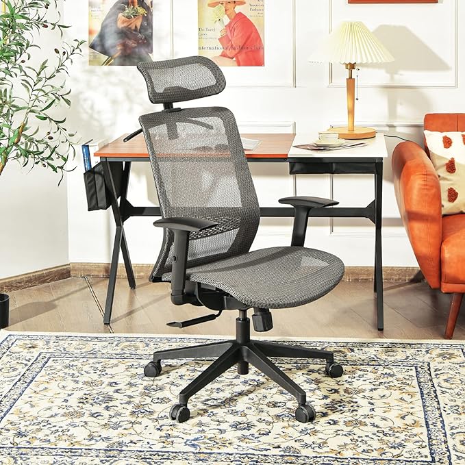 POWERSTONE Ergonomic Mesh Office Chair - High Back Computer Desk Tilt Lock Mesh Seat with Lumbar Support and Clothing Hanger, Executive Swivel Mesh Chair with Adjustable Arms and Headrest (Grey)