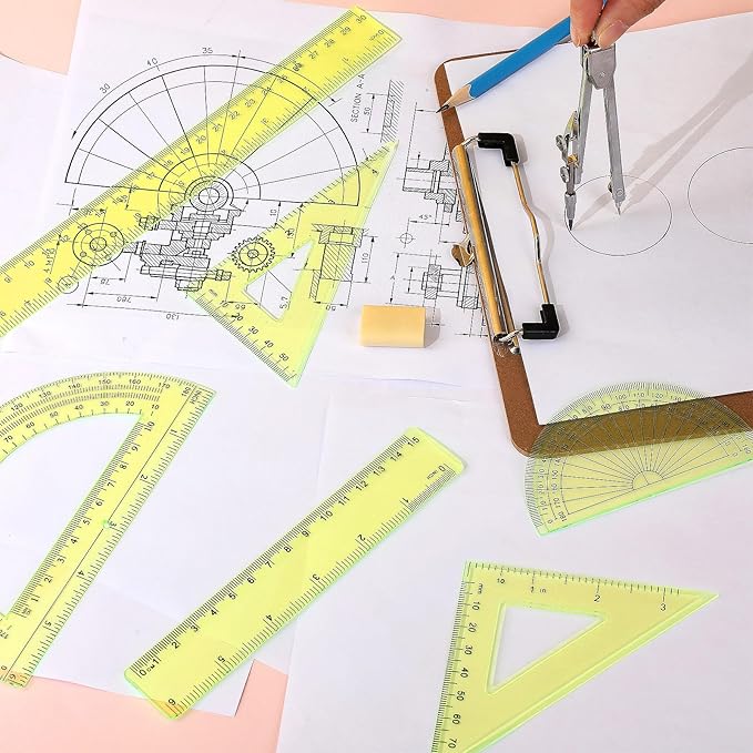 Zonon 1 Set Plastic Geometry Math Set Includes Drawing Compass, 6 Inch 4 Inch Protractor, 45/60 Degree Triangle Rulers 12 Inch 6 Inch Math Ruler Transparent for Office Supplies(Yellow)