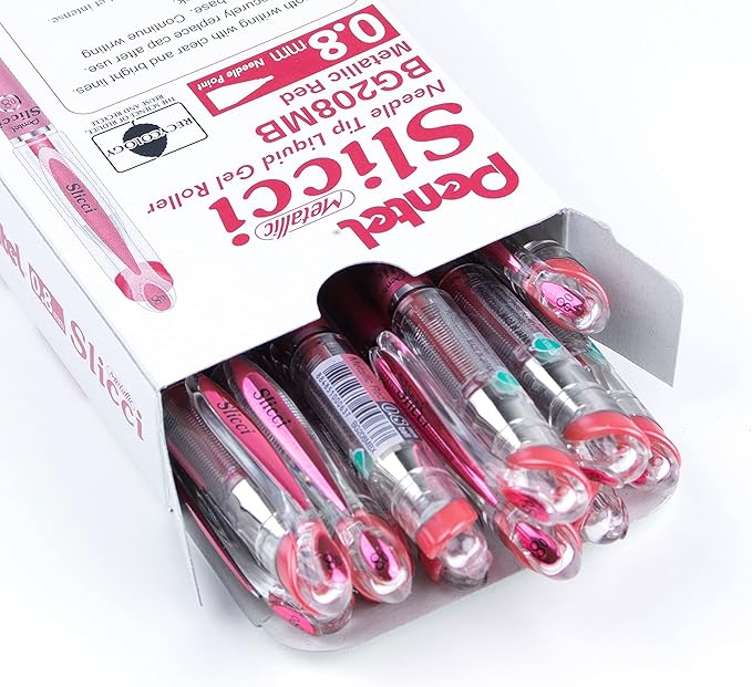 Pentel Arts Slicci Metallic 0.8 mm Needle Tip Gel Pen, Metallic Red Ink, Box of 12 (BG208-MB)