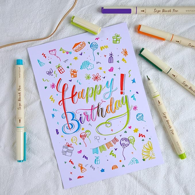 WRITECH Brush Tip Marker Pens: Artist Markers Flexible Tip Water Based 12ct Assorted Colors for Journaling Adult Coloring Hand Lettering Calligraphy Drawing Vibrant Colored