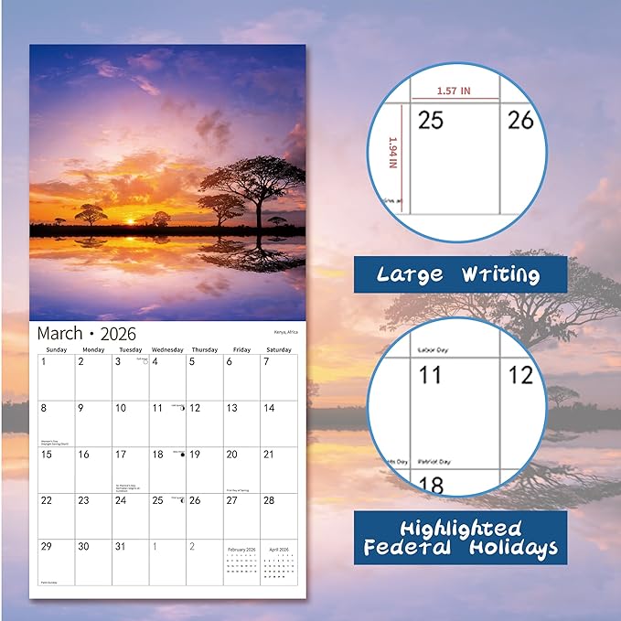 2026 Wall Calendar,Calendar 2026, July 2025 - December 2026, Wall Calendar Sunset, 12" x 24" Opened,Full Page Months Thick & Sturdy Paper for Calendar Organizing & Planning
