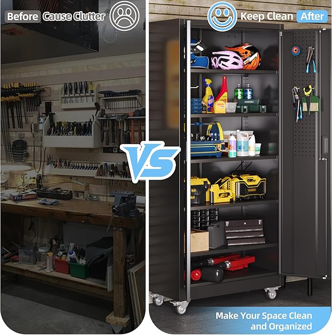 Aobabo Upgraded Garage Storage Cabinets with Wheels,Metal Storage Cabinets with 5 Adjustable Shelves for Garage Home Office Storage, Black,71''H*32''W*16''D,Assembly Required