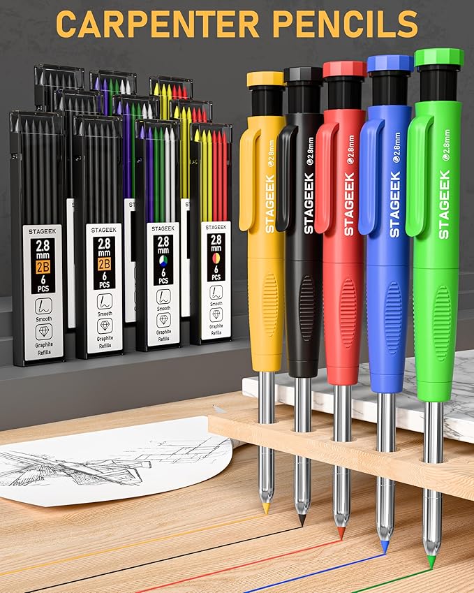 49 Pack Carpenter Pencil Set with Sharpener, Carpenter Pencils with Deep Hole Long-Nib Marker Pens, Carbide Scribe Tool & Construction Pencil for Architect Woodworking with Case